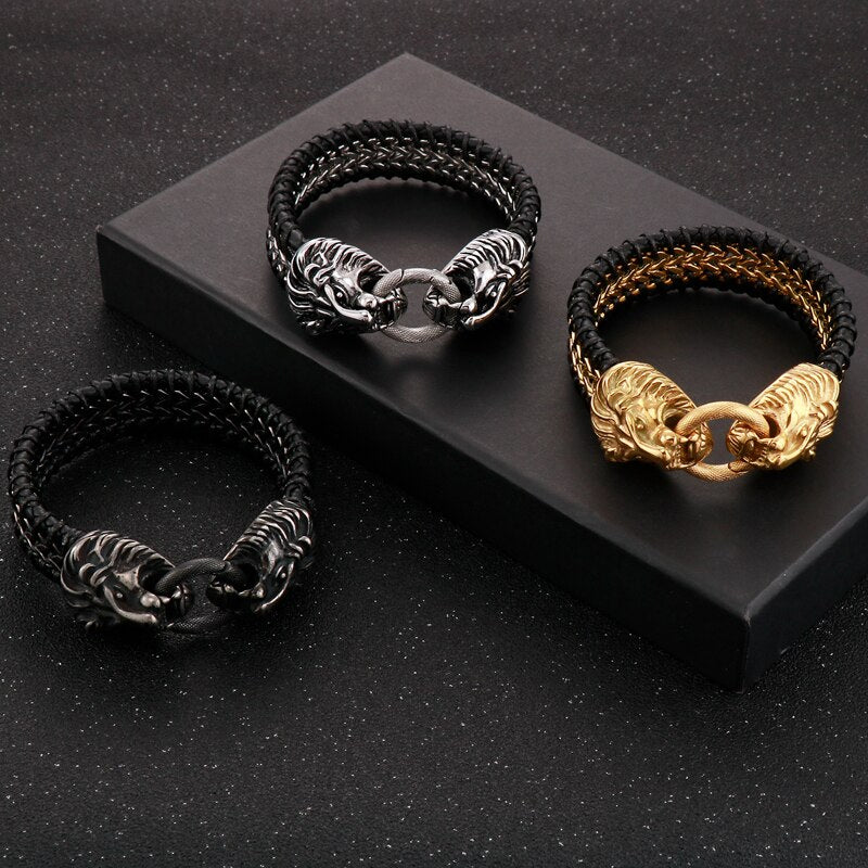 Stainless Steel Lion Head Charm Bracelet for Men