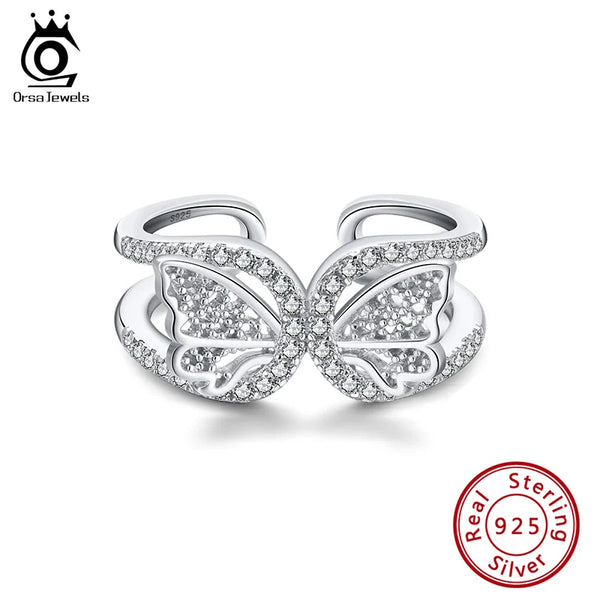 925 Sterling Silver Dazzling CZ Butterfly Ring Open Finger Ring for Women