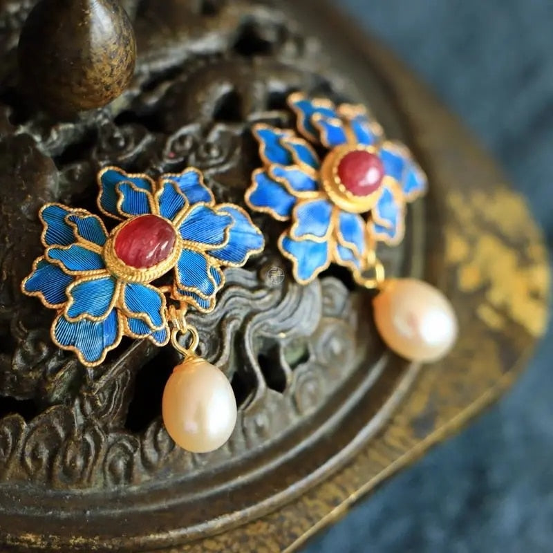 Original designer craft Cloisonne gilt silk Ruby Pearl Earrings