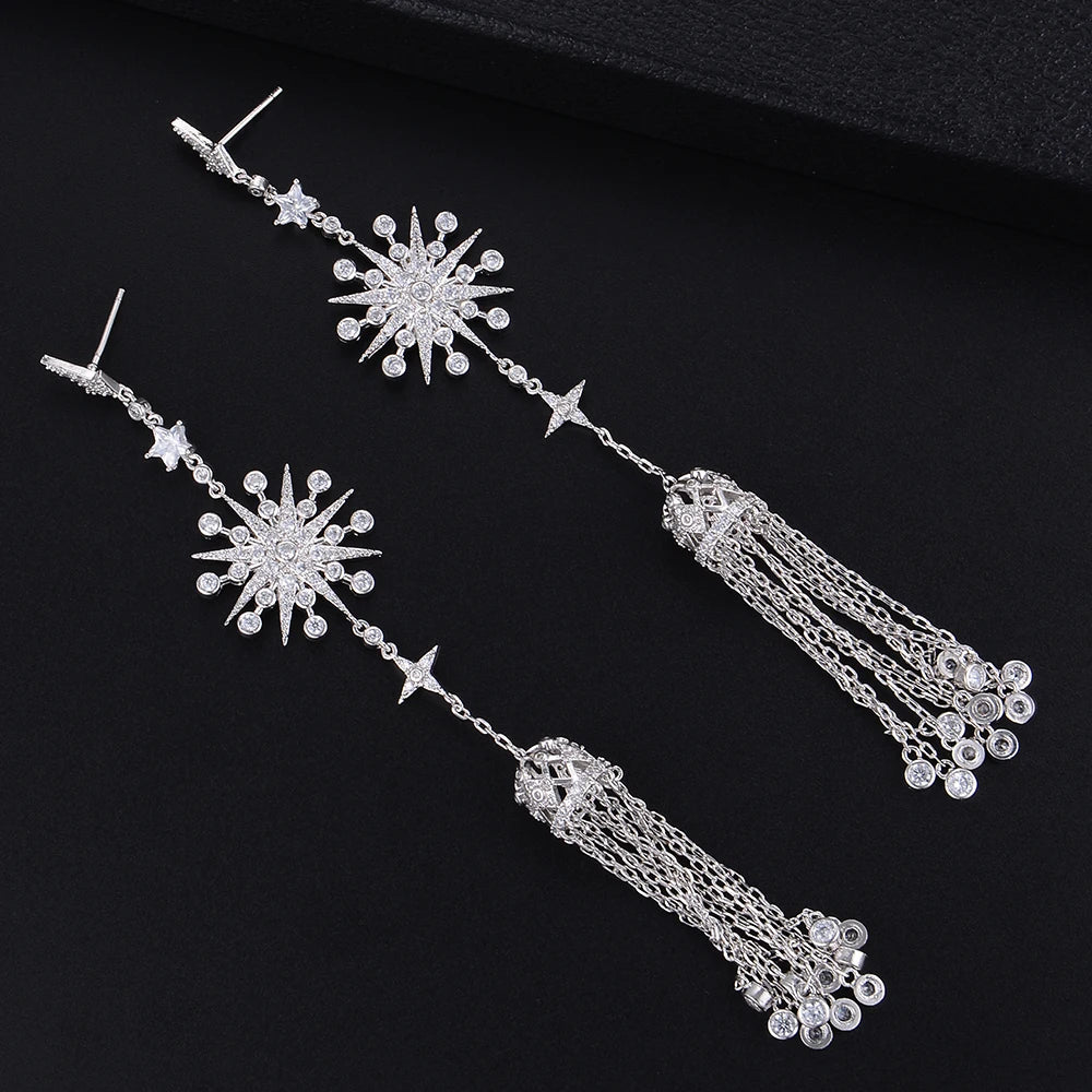 128MM High Quality Snowflake Chains Tassel Long Dangle Drop Earrings For Women