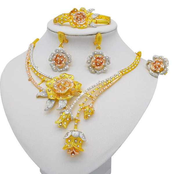 Fashion Dubai Gold Color Wedding Bridal African Flower Necklace Earrings Bracelet Sets