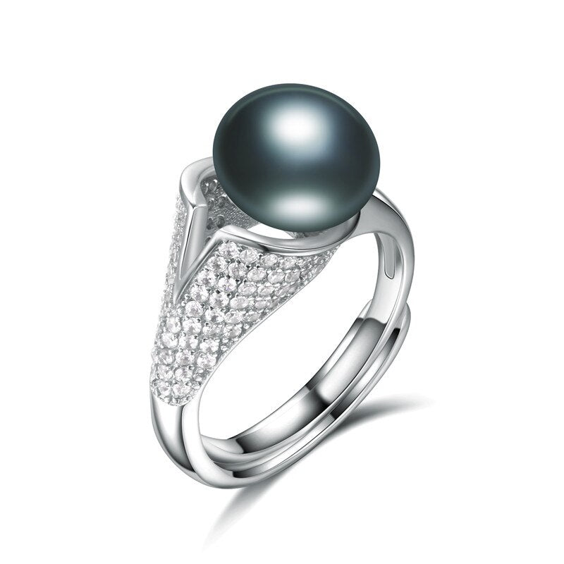 Zircon 9mm Genuine Natural Pearl Ring, 925 Sterling Silver Rings for Women