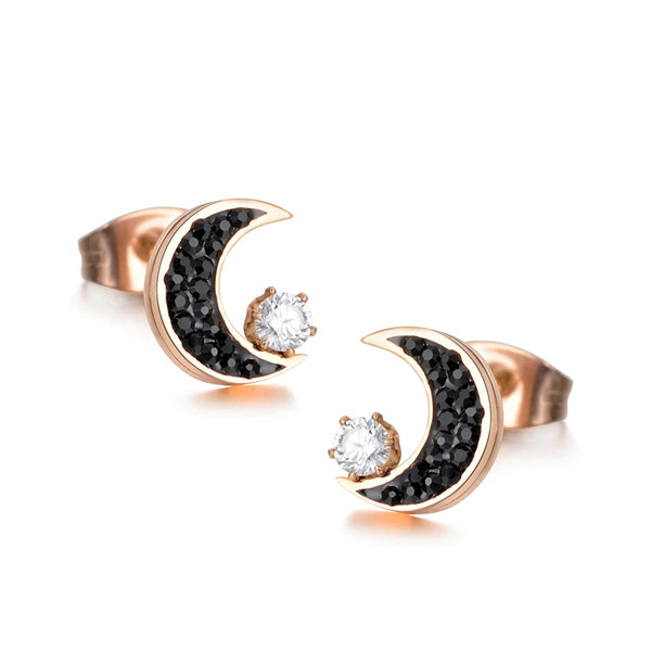 Classic Titanium Steel Rhinestone Moon Earrings