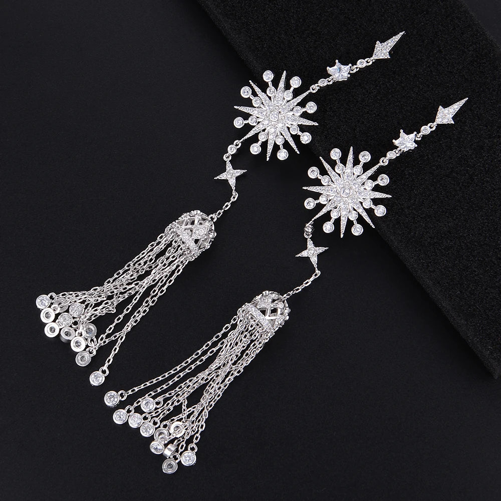 128MM High Quality Snowflake Chains Tassel Long Dangle Drop Earrings For Women