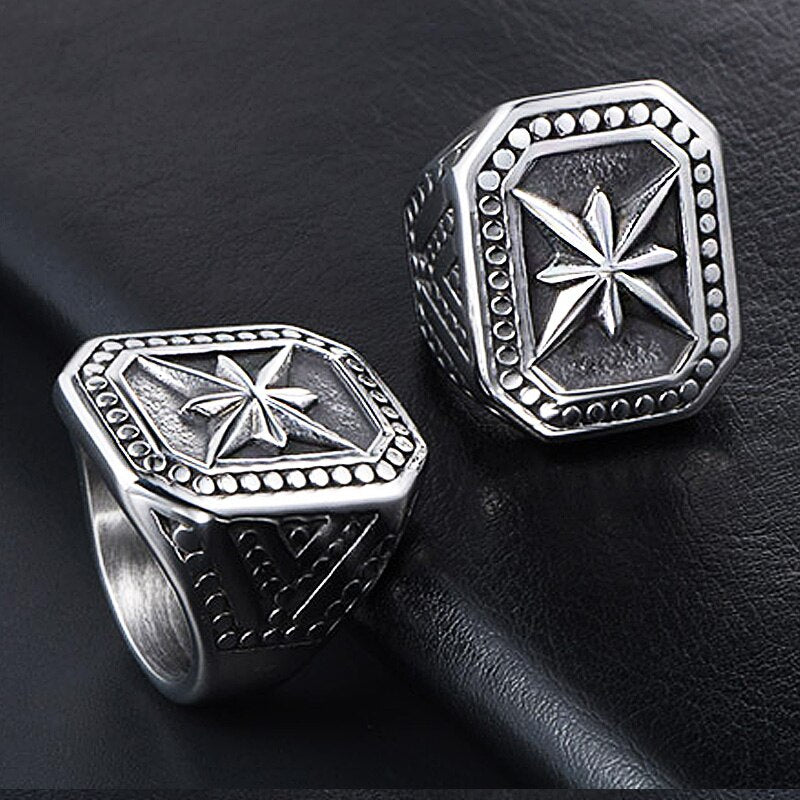 Vintage Heavy Metal North Star Signet Ring Men 316L Stainless Steel Punk Biker Ring