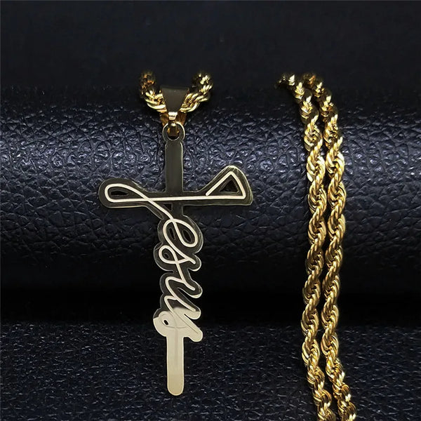 Jesus Cross Stainless Steel Long Necklace Men Gold Color Necklaces & Pendants