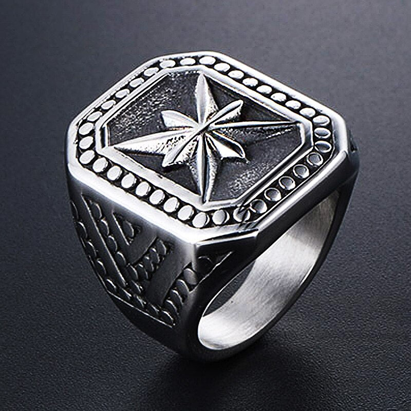 Vintage Heavy Metal North Star Signet Ring Men 316L Stainless Steel Punk Biker Ring