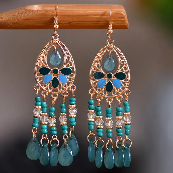 Bohemian Ethnic Long Blue Acrylic Crystal Water Drop Earrings for Women