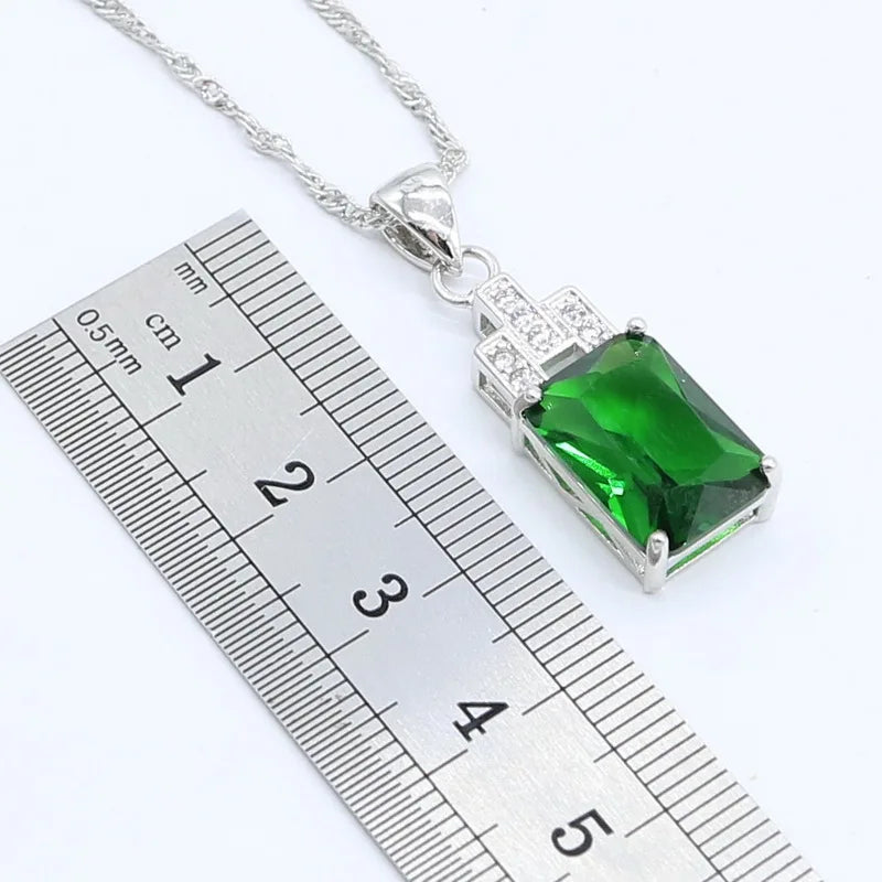 Geometric Green Semi-precious  Silver Color Jewelry Sets for Women