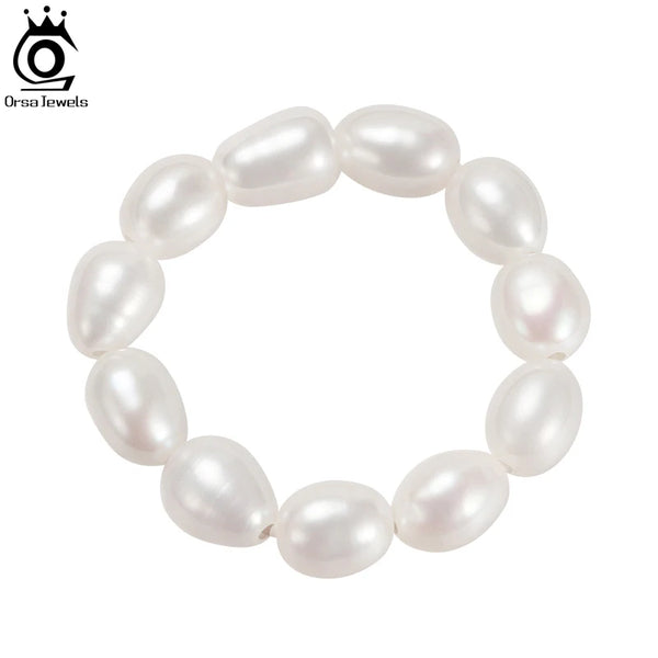 Width Rice Shape Natural Freshwater Pearl Stretch Ring for Women