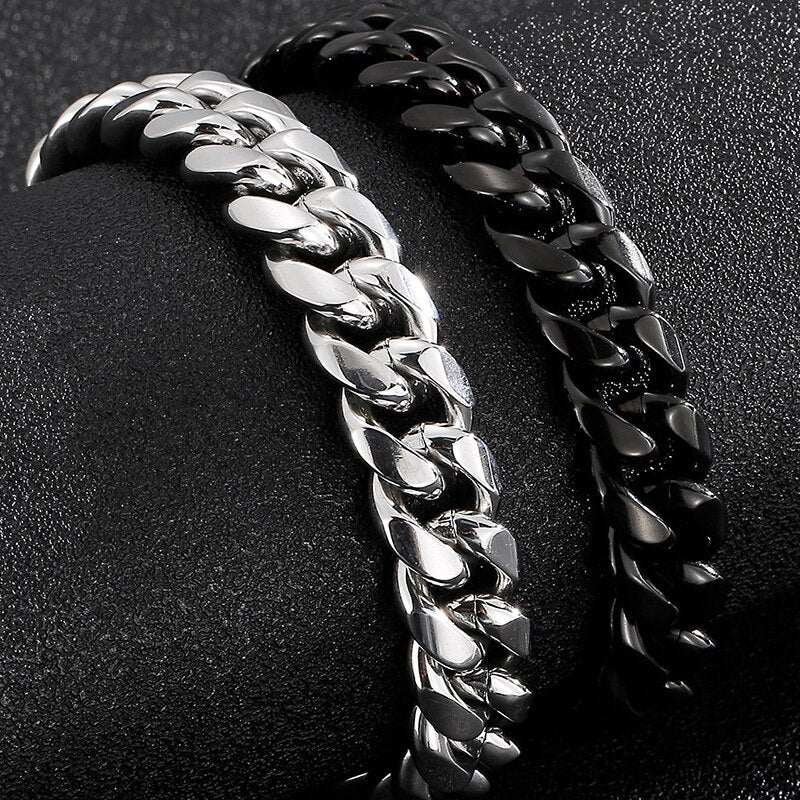 14MM Cuban Chain On Hand Bracelet Man Solid Polished Stainless Steel Curb Cuban Link Men's Bracelets