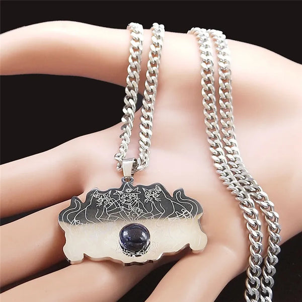 Witchcraft Herbal Medicine Cat Stainless Steel Natural Stone Necklaces Chain Silver Color Jewelry