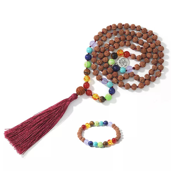 108 Rudraksha Seven Chakra Beads Hand-Knotted Long Necklace Men's Women's