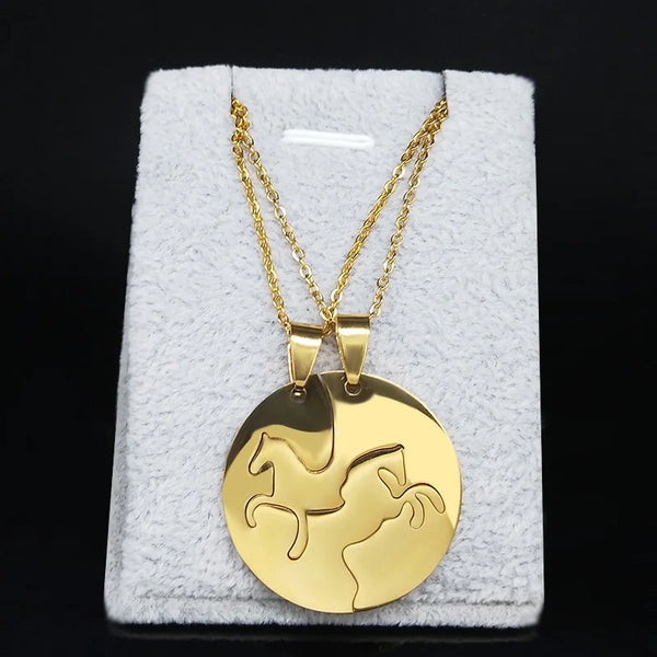 2PCS Horse Stainless Steel Necklace for Women Gold Color Couple Necklace