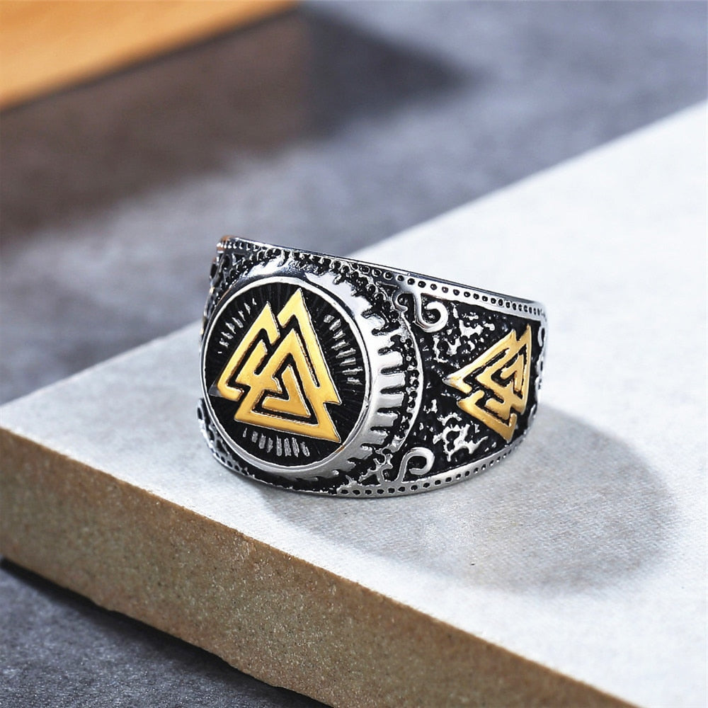 Vintage Viking Valknut Ring For Men Stainless Steel Nordic Odin Triangle Viking Ring