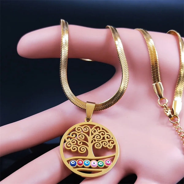 Tree of Life Turkey Eye Stainless Steel Choker Necklace Women Gold Color Pendant Necklace