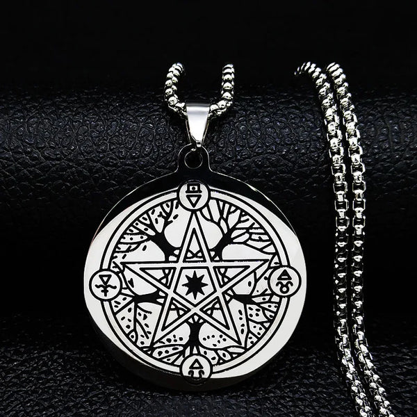 Pentagram Tree of Life Stainless Steel Necklace Women Silver Color Amulet Witchcraft Necklaces