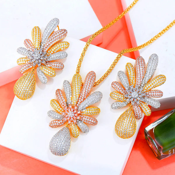 Luxury Bridal Wedding 2PCS Big Flower Pendant Earrings Necklace Jewelry Set