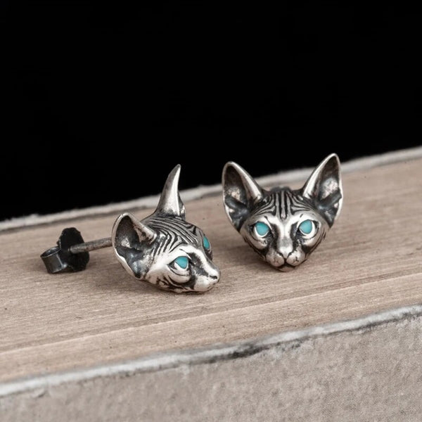 Blue Eyes Sphynx Cat Meditate Yoga Stud Earrings For Men Women