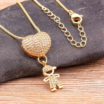 New Design 9 Styles Luxury Copper Zircon Boy Girl Heart Pendant Women