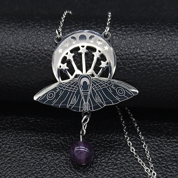 Bat Witchcraft Triple Moon Goddess Necklace Stainless Steel Women Silver Color