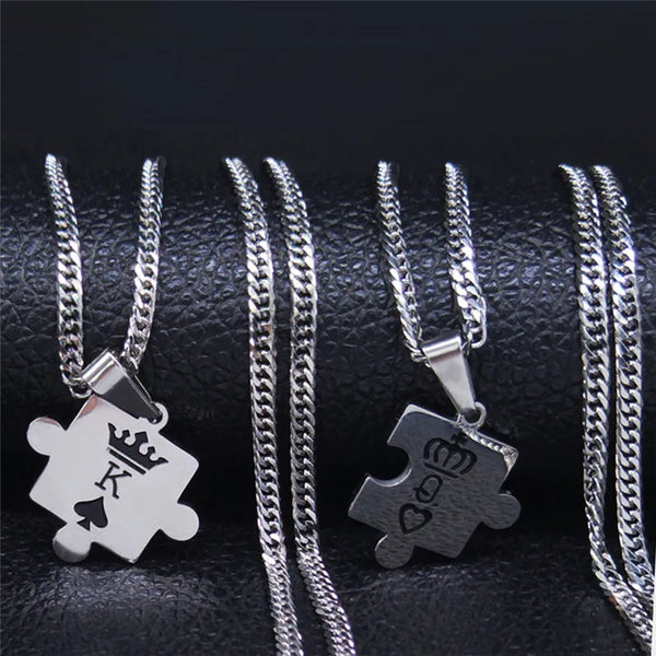 Fashion Puzzle King and Queen Stainless Steel Necklace Women