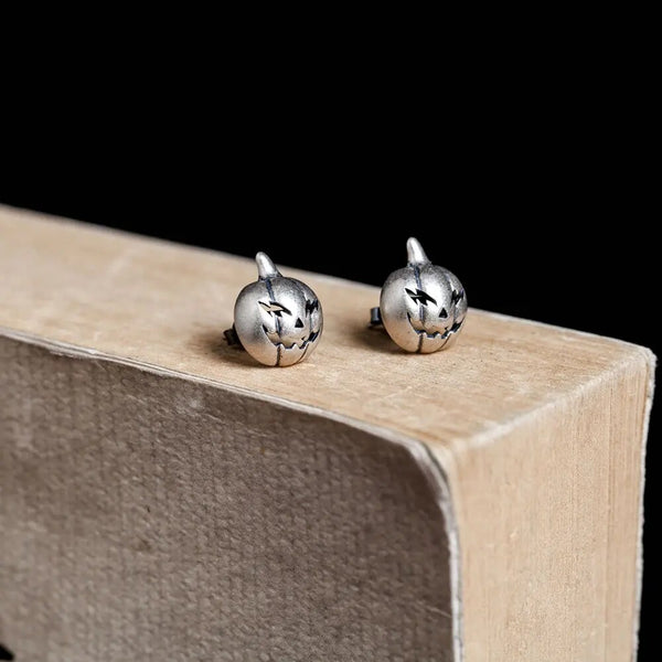 Retro 925 Sterling Silver Halloween Pumpkin Head Stud Earrings Men Women