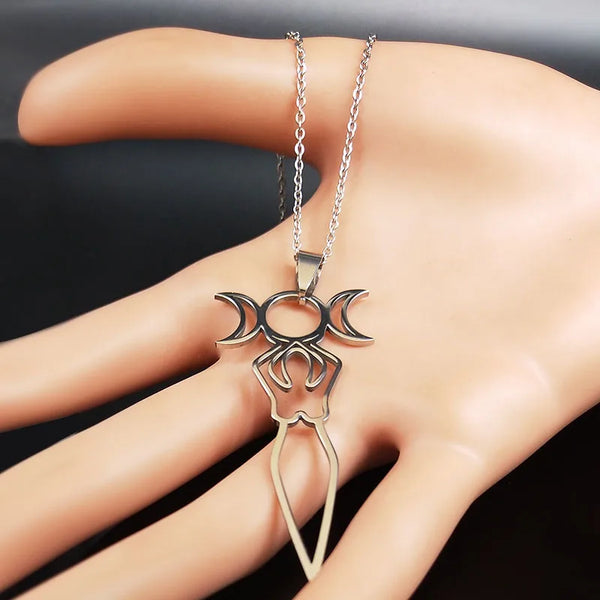 Triple Moon Goddess Stainless Steel Statement Necklace Women