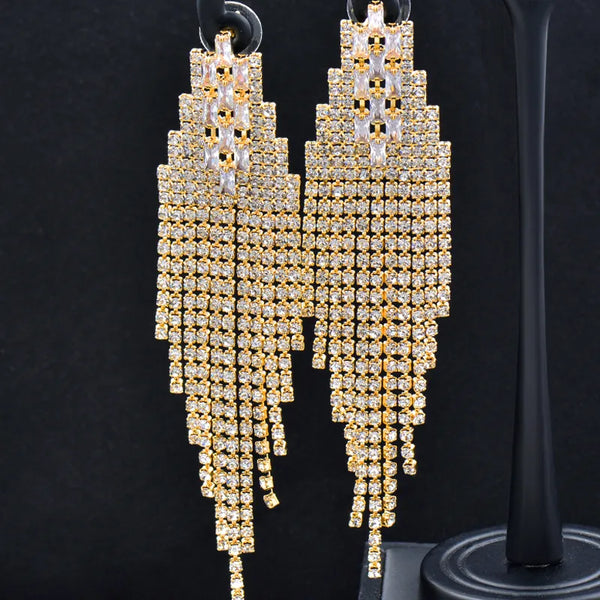 Long Tassels Earrings For Women Gold Silver Color Shiny Rhinestone Earring