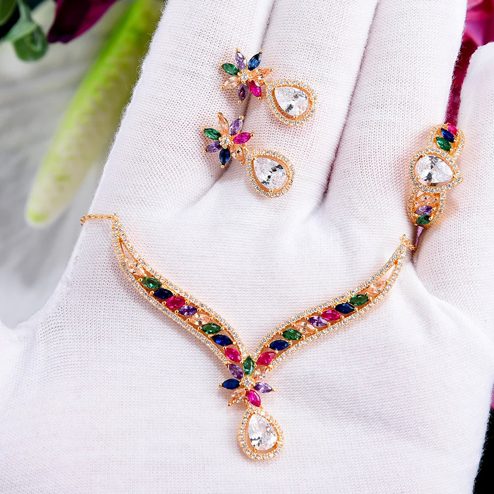 Gorgeous Shiny Bridal Necklace Bracelet Earrings Ring Jewelry set For Ladies Women