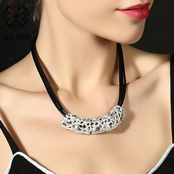 Trendy Chokers Necklaces Zinc Alloy Women Collar Simple Cowhide Leather Goth Chain