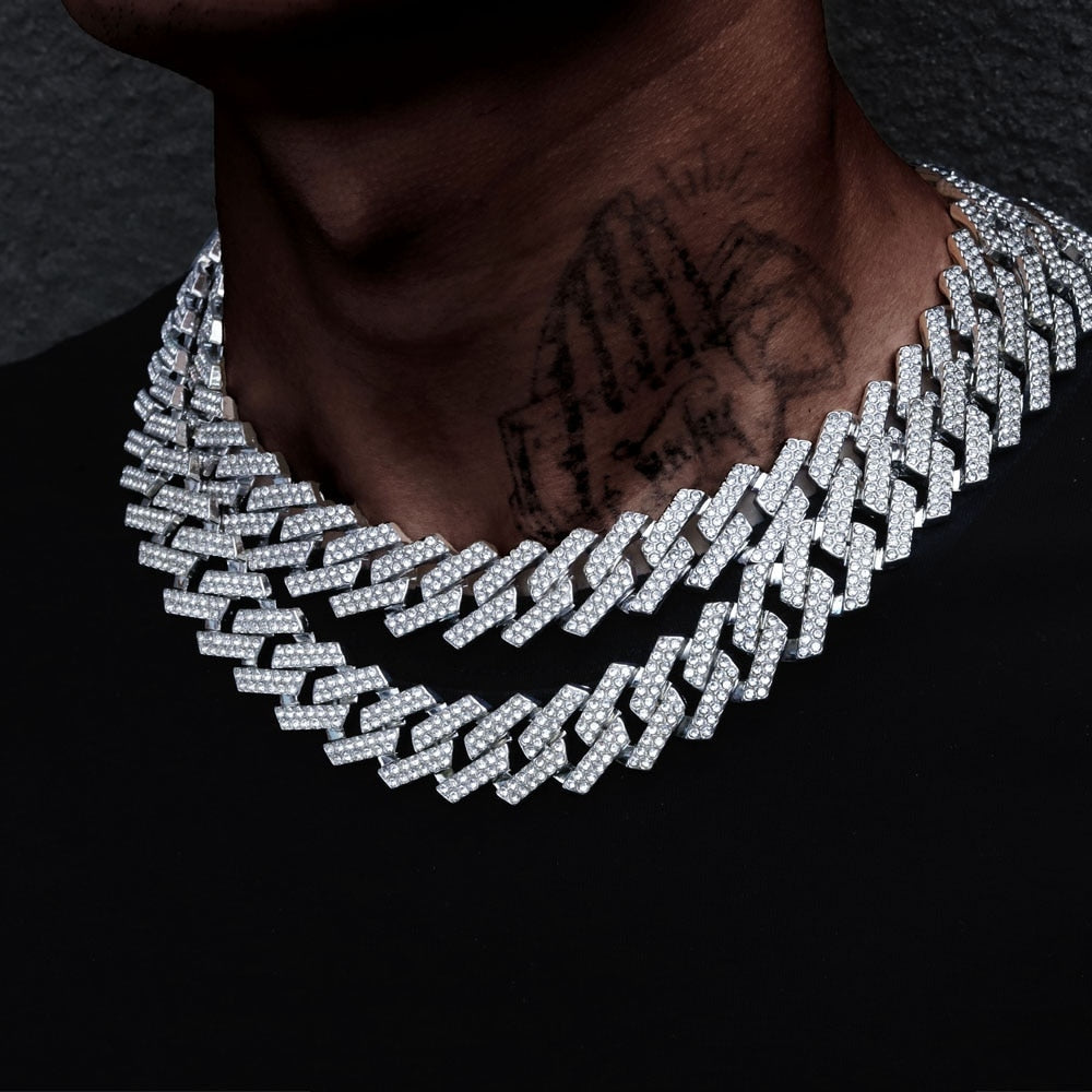 20MM Hip Hop Men Chain Prong Cuban Chain 2 Row Iced Out Men Necklace