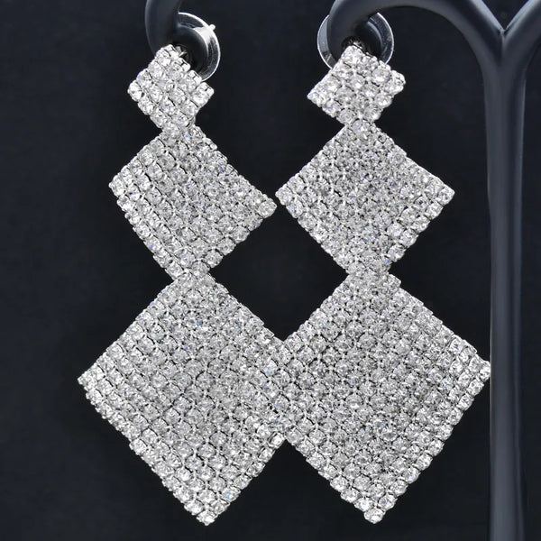 Fashion 3 Square Big Earrings For Women Gold Silver Color Full Rhinestone Drop Earring