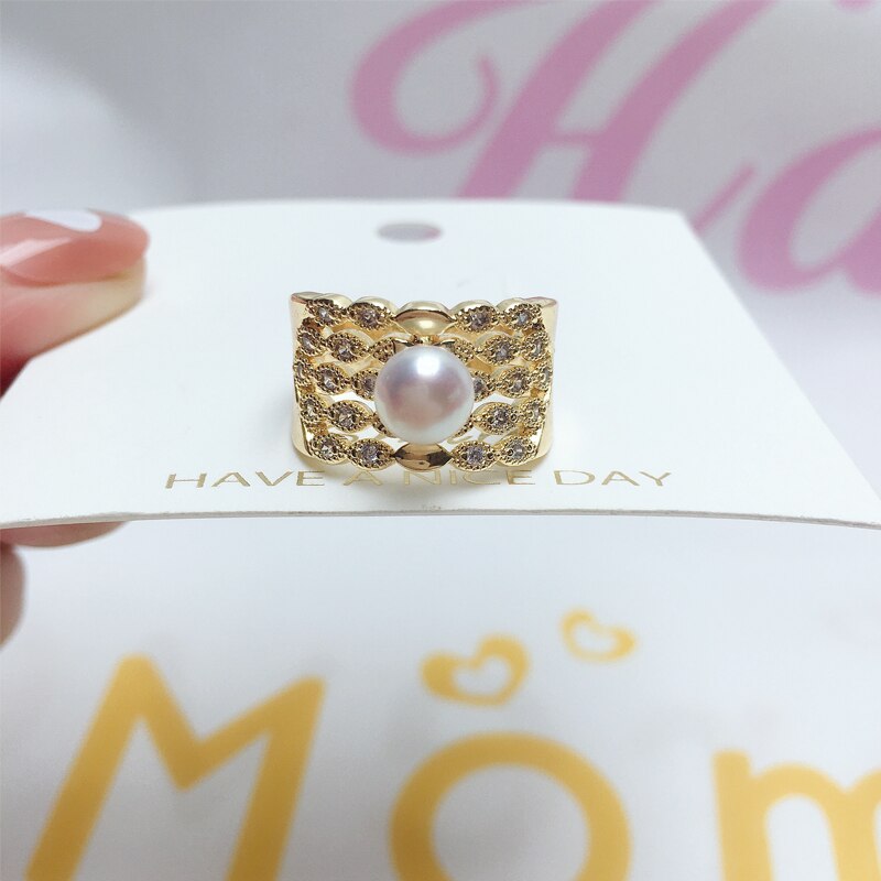 Real Natural Pearl Ring 14K Gold Gild Design Female Open Ring