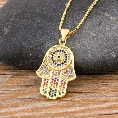 Women Men Hamsa Hand Necklace Gold Color Copper Zircon Evil Eye Pendant