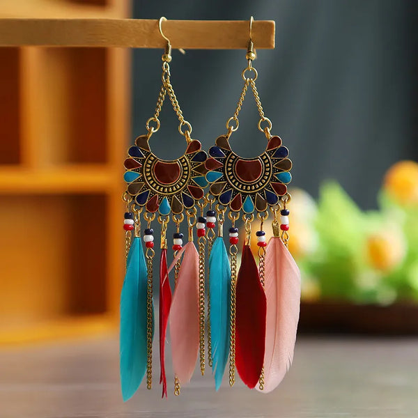 Bohemian Colorful Long Feather Earrings For Women