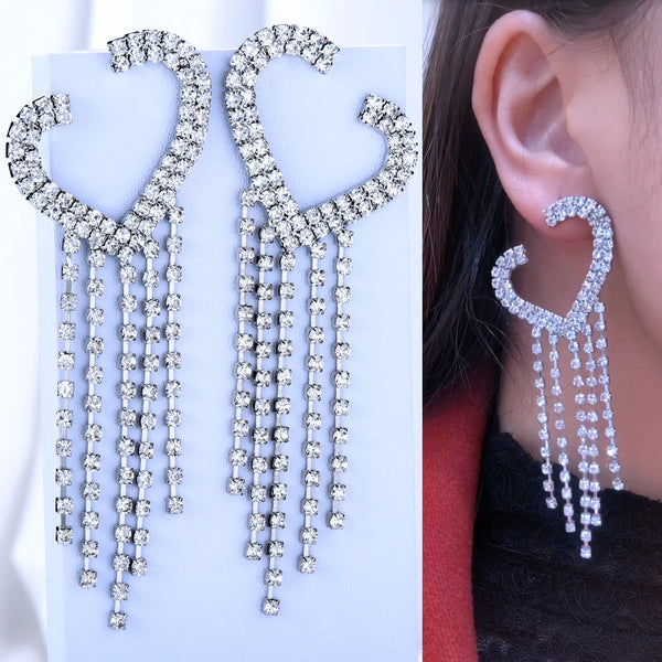 Luxury Heart Long Tassel Earrings Trendy Cubic Zircon Shiny Earrings for women