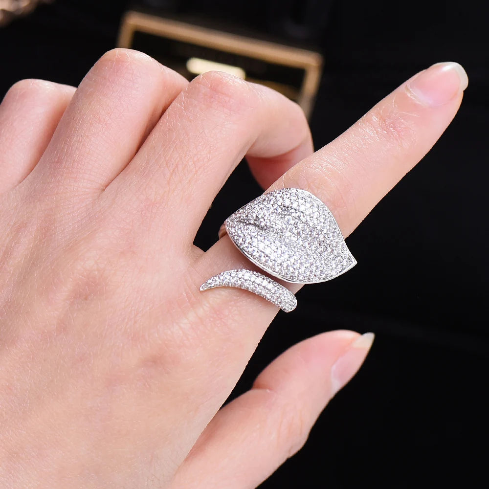 Luxury Noble Women Big Leaf Ring Gothic Dubai Style Bridal Wedding Party Anniversary Best Gift