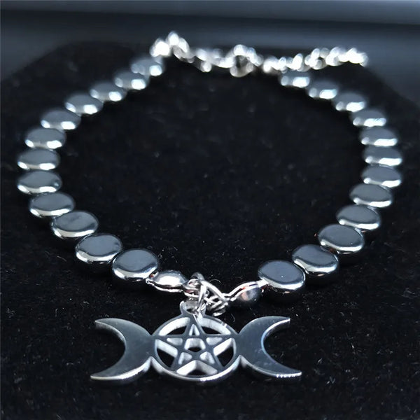 Witchcraft Pentagram Stainless Steel Triple Moon Goddess Bracelet Women