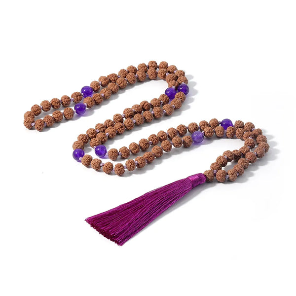 108 Rudraksha Beaded Knotted Necklace Natural Stone Marker Yoga Meditation