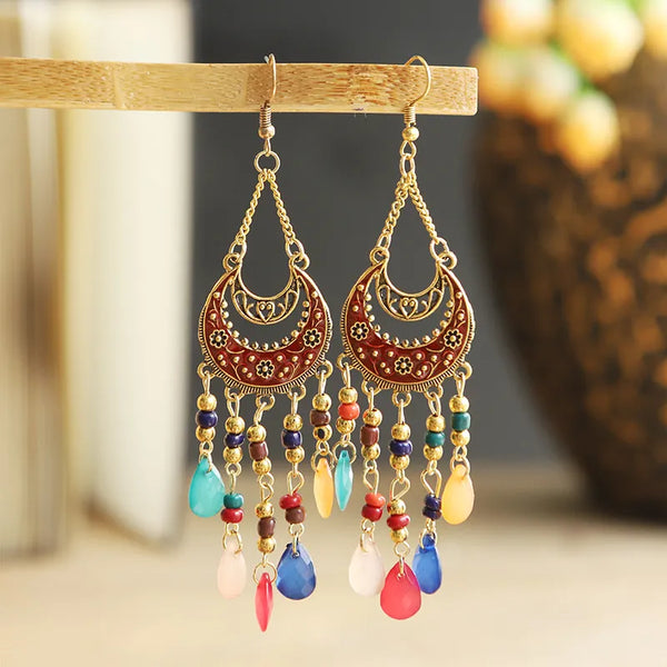 Bohemian Antique Gold Color Long Water Drop Tassel Earrings for Women