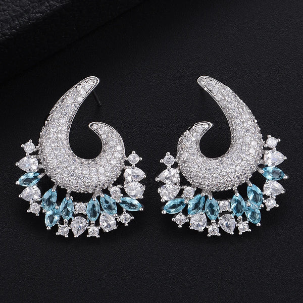 Trendy Irregular Hook-Like Full CZ Stud Earrings For Bridal Engagement Earrings