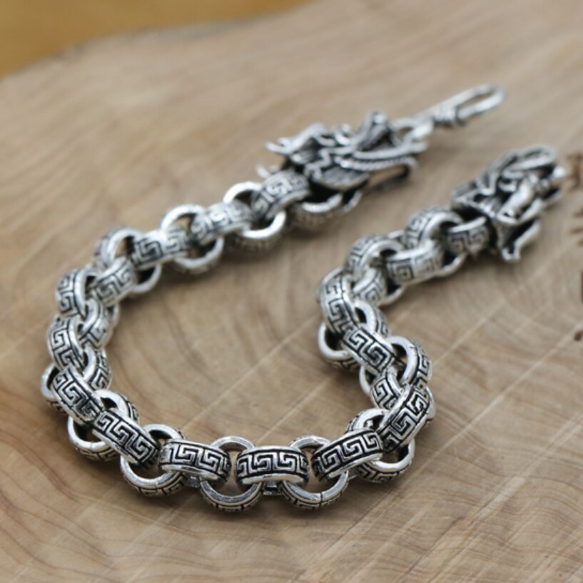 Unibabe 8mm Thick Pure Silver Vintage Round Cross Dragon Head Bracelet