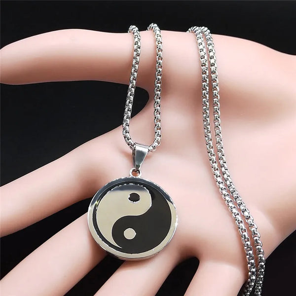 Yin Yang Gossip Necklace for Women/Men Stainless Steel Silver Color Ba Gua Taichi Chain