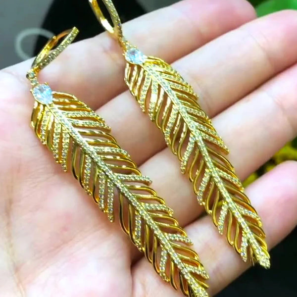 New Design Long Luxury Feather Dangle Earrings for Women Bridal Wedding Party Show Earrings