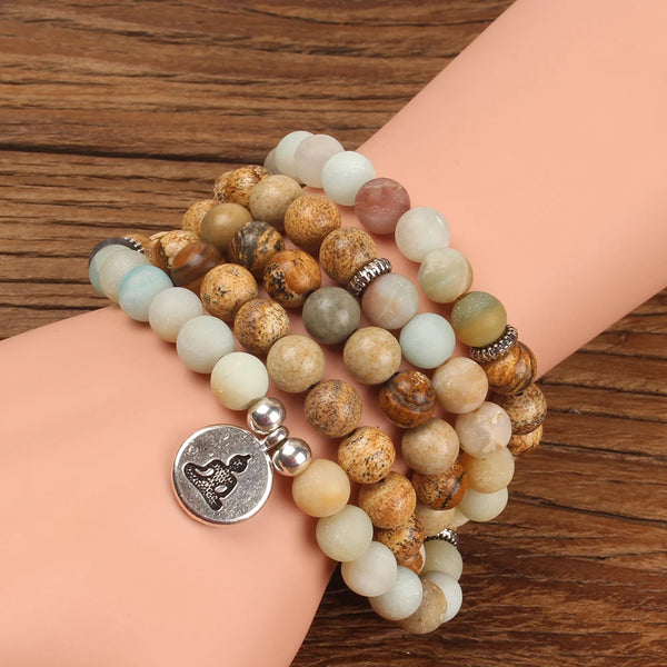 108 Mala Bead Elastic Rope Semi-Precious Stone Winding Bracelet Men and Women Charm