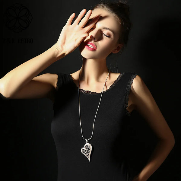 Hollow Heart Long Neck Pendants with Beads Chains Suspension Necklace Costume Jewelry for Women