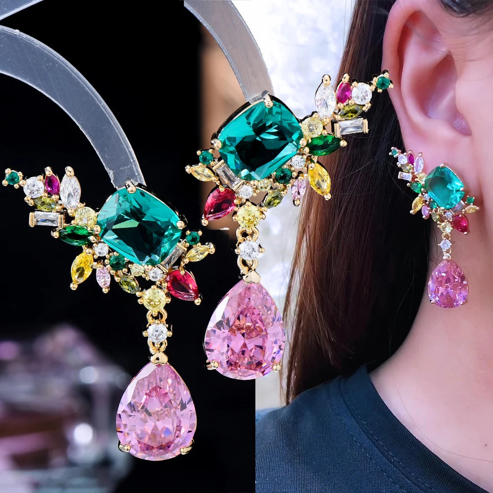 New Trendy Square CZ Drop Earrings For Women Wedding Party Cubic Zircon Dubai Bridal Earring