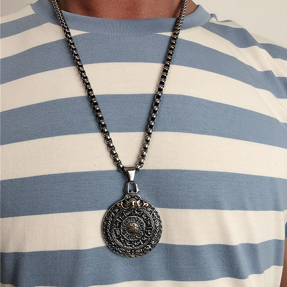 Retro Amulet Nine Palaces Bagua Pendant Stainless Steel Zodiac Men Necklace