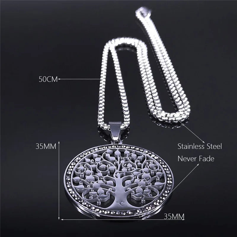 Tree of Life Stainless Steel Necklaces for Men/Wmen Blacke Crystal Pendant Necklace